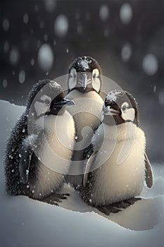 Three penguins looking at the camera with snow in the background, created using generative ai techno