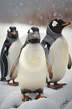 Three penguins looking at the camera with snow in the background, created using generative ai techno