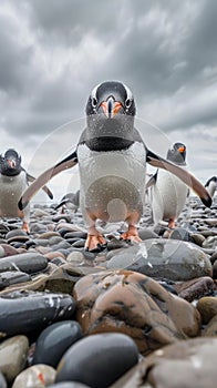 Three penguins on a pebble beach under cloudy skies