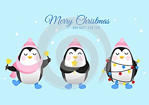 Three cute penguins with a New Year's garland wish Merry Christmas and snow