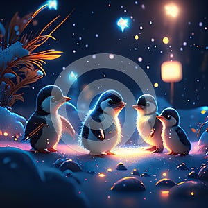 Three penguins sitting on the snow in the night. 3d illustration Generative AI