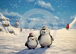 three penguins in the snow with a person in the background