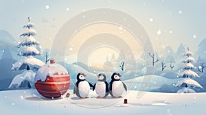 Three penguins are standing in front of a large egg, AI