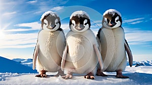 Three penguins standing next to each other in the snow. Generative AI