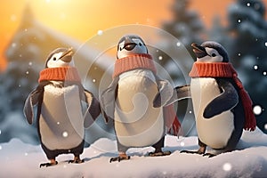 three penguins wearing hats and scarves standing on the snow