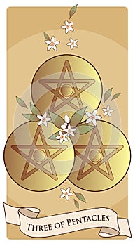 Three of pentacles. Tarot cards. Three golden pentacles surrounded by orange blossom flowers