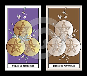 Three of pentacles. Tarot cards. Three golden pentacles surrounded by orange blossom flowers