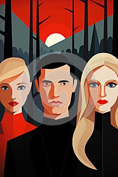 Three people in black and red clothing standing in front of a forest. Generative AI image.