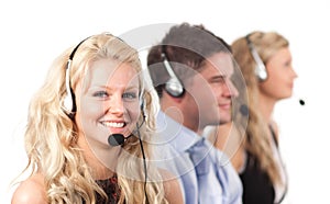 Three people in a call centre