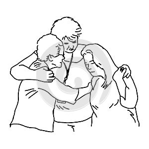 three people embracing to comfort each other - vector illustration sketch hand drawn with black lines, isolated on white