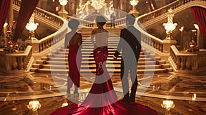 Three people in gl evening gowns and tuxedos stand on a polished marble floor with a regal staircase and opulent