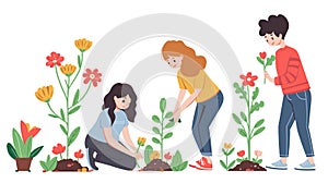 Three people joyfully gardening together, planting and nurturing various colorful flowers, creating a vibrant and lively scene