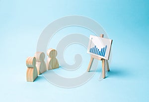 Three people look at the statistics and discuss business strategy and plans for the development of the company. Analysis