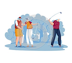 Three people playing golf, two men watching while one swings club. Casual outdoor sports scene with friends. Golfers