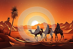 three people riding on camels in the desert at sunset