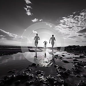 three people running in silhouette along a beach in black and white