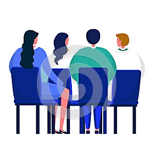 Three people sitting in a row, two women and a man in the middle. People in a meeting or audience setting. Professional