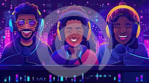 Three people are smiling and wearing headphones