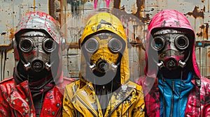 Three people wearing gas masks standing in front of a wall