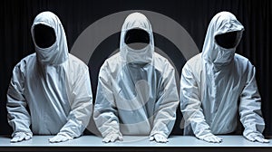 Three people in white suits sitting at a table with their hands behind them, AI