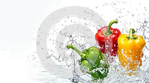 Three peppers in water on white background