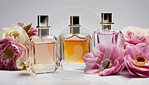 Three perfume bottles with flowers in the background