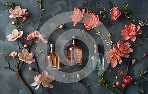three perfumes and flowers on a dark background