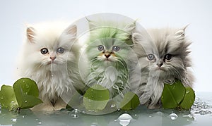 Three persian kittens with green leaves, isolated on white background.