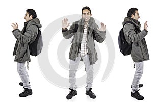 Three perspectives of same man with backpack