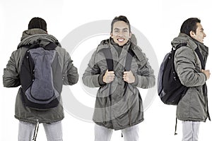 Three perspectives of same man with backpack