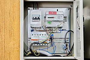 Three-phase, four-wire cable prepared for connection to electric distribution board with electric meter and circuit