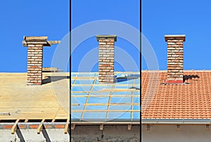 Three phases of a roof construction.