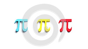 Three Pi numbrers blue, yellow, red colors Mathematical symbol. 3D icon back to school theme banner