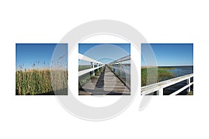 Three pictures with impressions of lake Bodstedter Bodden, Germany, outlined in white photo