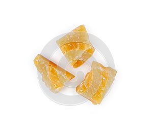 Three pieces of hard cheese parmesan isolated on a white background. Close up. Top view