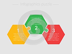 Three pieces parts puzzle hexagon info graphic.