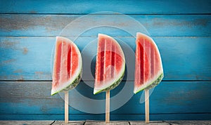 three pieces of watermelon on a stick on a wooden table