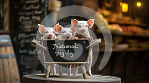 Three piglets celebrating National Pig Day with a sign.