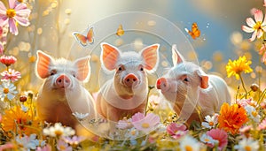 Three Piglets Enjoying a Golden Hour Meadow. Greeting card for celebrating National pig day