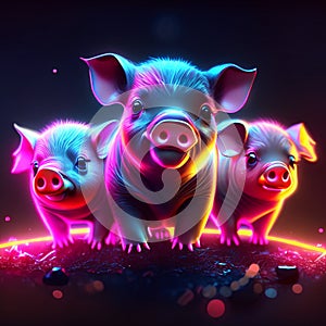 Three piglets in neon light on dark background. Vector illustration. generative AI