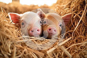 three piglets snuggling together in straw