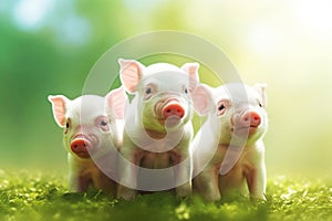 Three piglets standing on the grass, generative ai