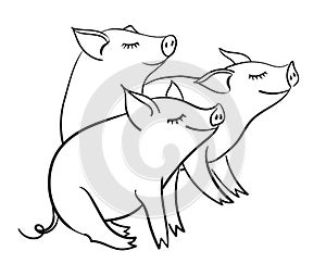 Three piglets. Template for greeting card. Black and white linear vector illustration.