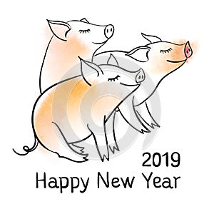 Three piglets Template for greeting card. Black and white linear vector illustration. The pig is a symbol of the New