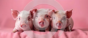 Three Pigs Pondering in Pink: A Portrait of Curiosity. Concept Pets in Happy Poses, Vibrant Background, Playful Expressions