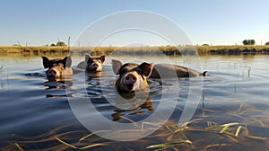 Three pigs swimming in a lake with their heads sticking out, AI