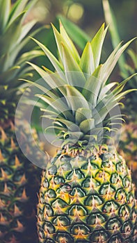 Three pineapples grouped together on a table, natural fruit