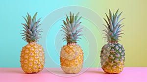 Three pineapples on a pink and blue background, in the style of conceptual pop art poster.