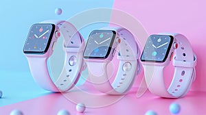 Three pink apple watches resting on a pink and blue surface