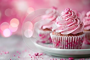 Three pink cupcakes with pink frosting and pink sprinkles on top